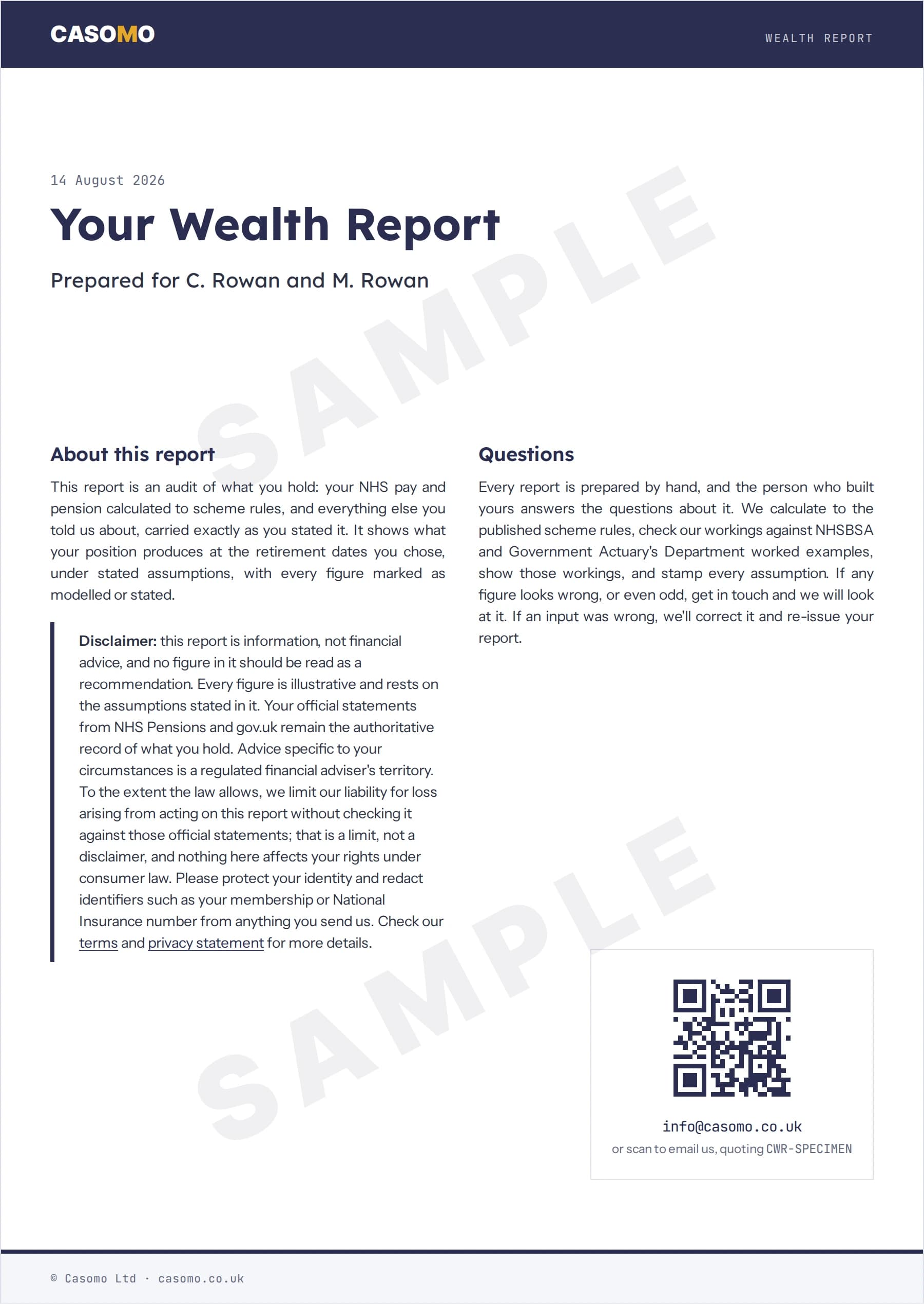 Sample report cover page: title, who it was prepared for, and the disclaimer, watermarked SAMPLE