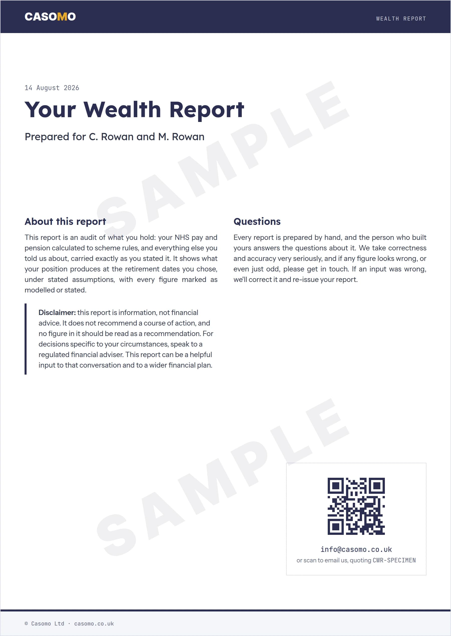 Sample report cover page: title, who it was prepared for, and the disclaimer, watermarked SAMPLE